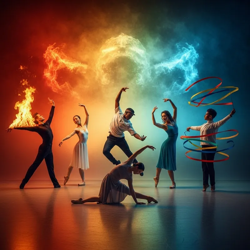 Dancers demonstrating the elements of dance including body, time, energy, space, and relationships in a creative choreography.