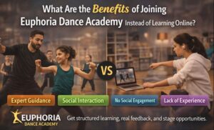 Students learning dance with professional instructors at Euphoria Dance Academy, highlighting the benefits of joining a dance academy over online learning.