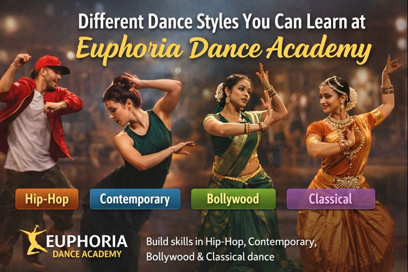 Dancers performing hip-hop, contemporary, Bollywood, and classical styles at Euphoria Dance Academy, showcasing different dance forms.
