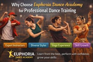 dancers performing Hip-Hop, Contemporary, Bollywood, and Classical styles at Euphoria Dance Academy, demonstrating professional dance training, skill growth, and stage experience.