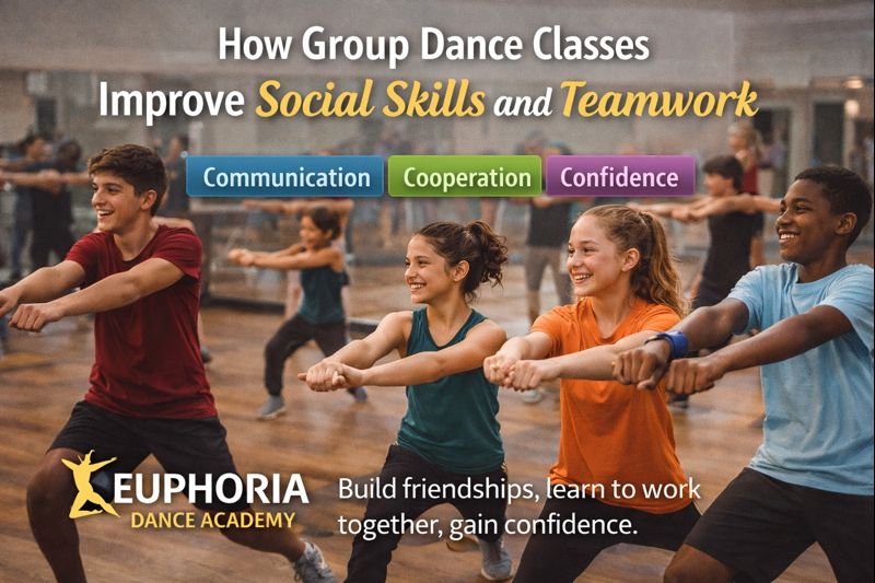 A group of dancers practicing together in a dance studio at Euphoria Dance Academy, showing how group dance classes improve social skills and teamwork.